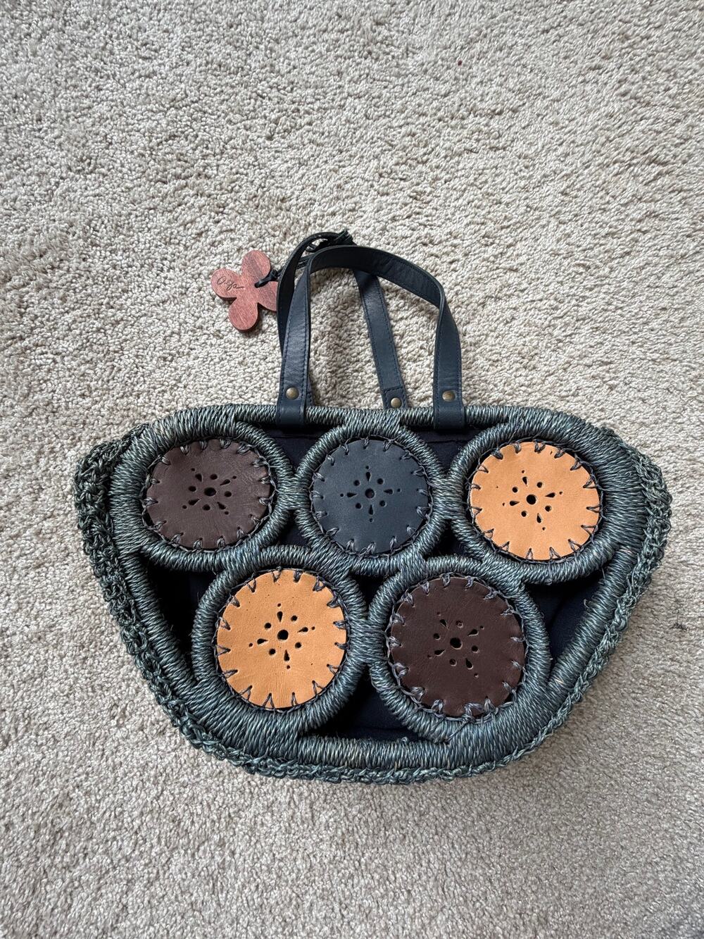 Vintage Boho Crochet Leather Appliqué Tote Bag Blue Artisan Handbag